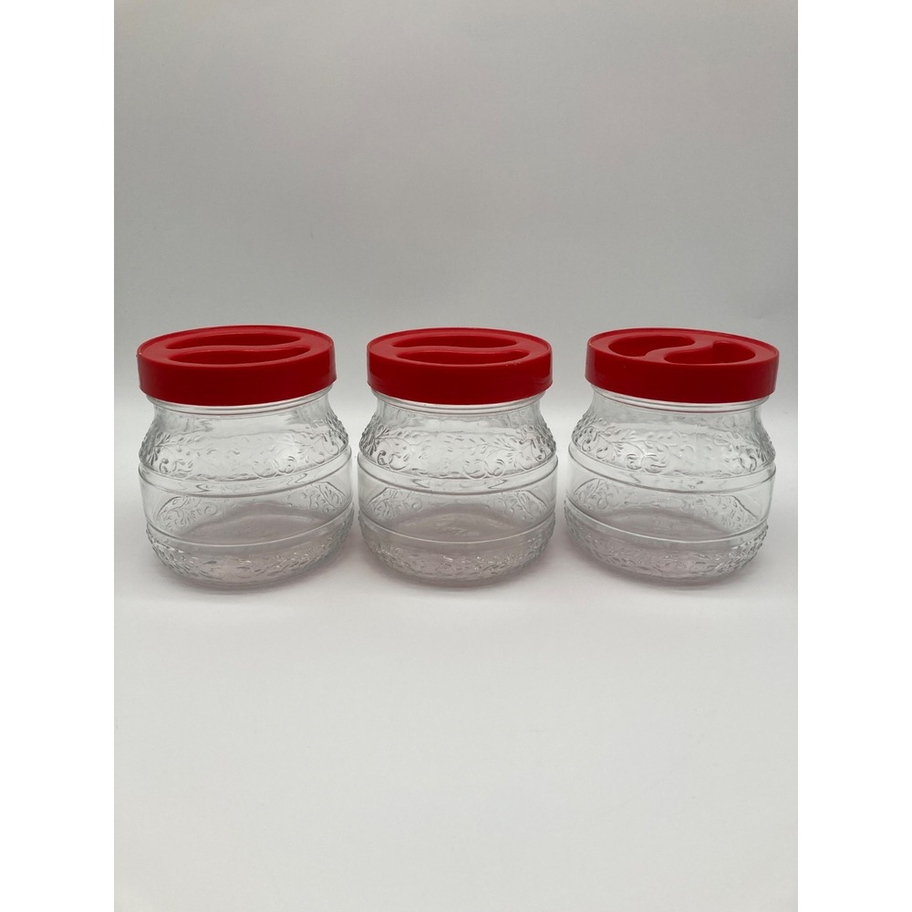 Vintage Co.Vetro Italian Glass Canister Jars Set 3 Red Lids Floral Scroll 3/4L